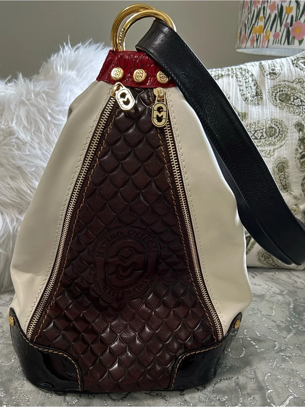 NWT Marino Orlandi Two-Tone White & Brown Leather Backpack with Red Accent